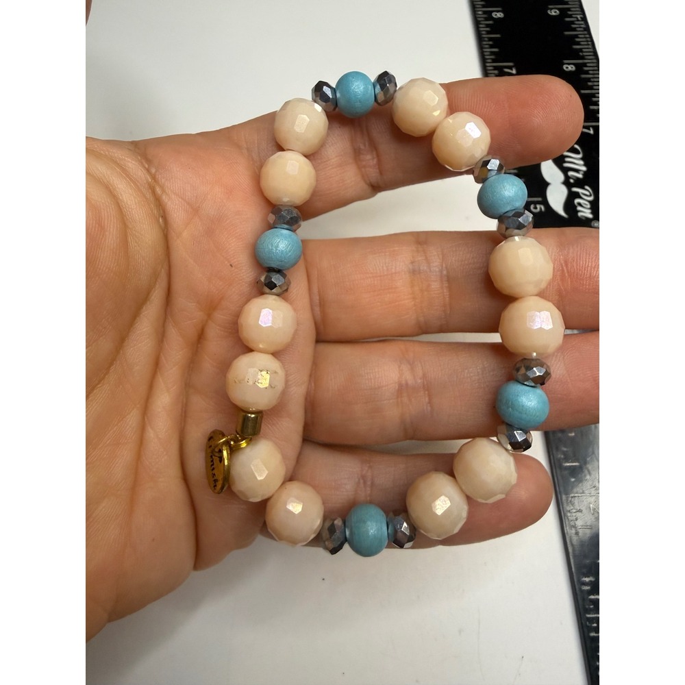 Erimish Beaded Stretch Bracelet Peach Turquoise Blue Wood Gold Tone Logo Charm